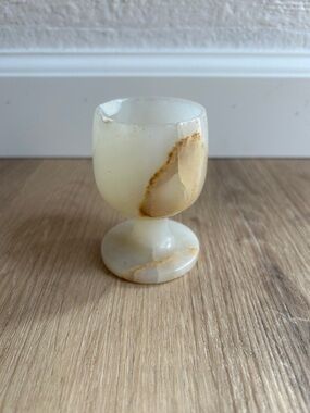 Vintage Hand-carved Alabaster Onyx Stone Goblet Vase in Cream with Brown Veining